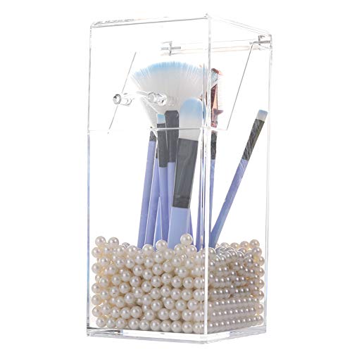 Sooyee Makeup Brush Holder,Makeup Brush Organizer with 8mm White Pearls,Dustproof Makeup Brush holder with Lid - Image 1