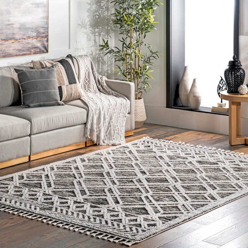 nuLOOM 9x12 Ansley Moroccan Tassel Area Rug Grey HighLow Textured Bohemian Design Plush High Pile Stain Resistant For Bedroom Living Room Hallway Entryway