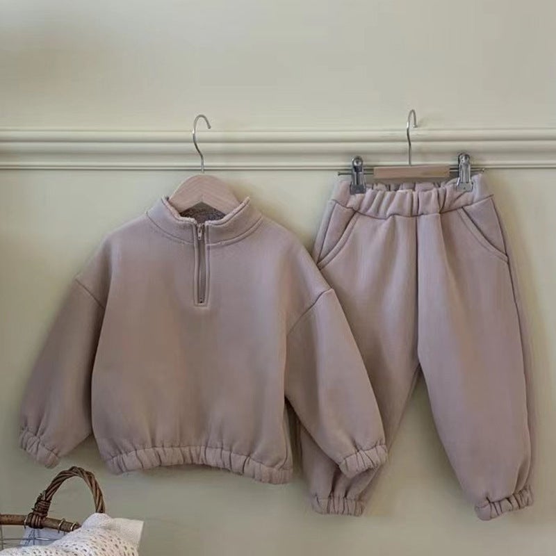 Boys and girls ins autumn and winter New suit Korean style zipper pullover sports fleece thickened sweater casual two-piece set Apricot. 