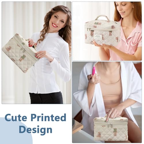 Gosect حقيبة مكياج كبيرة، حقيبة تجميل لطيفة للنساء والفتيات، حقيبة أدوات تجميل مزهرة بتصميم كوكتيل، حقيبة تنظيم مكياج للسفر (دب أبيض) - Image 3