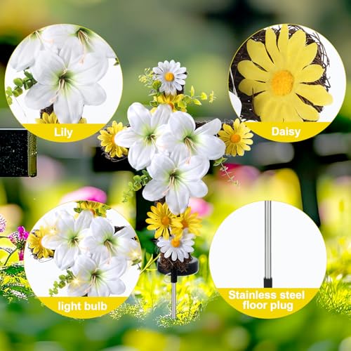 DANHMAO Solar Easter Lily Cross Spring Garden Stake,Artificial Lilies&Natural Rattan Cross with Metal Floor Plugs for Easter Cemetery Grave、Garden - Image 3