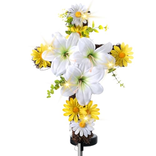 DANHMAO Solar Easter Lily Cross Spring Garden Stake,Artificial Lilies&Natural Rattan Cross with Metal Floor Plugs for Easter Cemetery Grave、Garden - Image 1