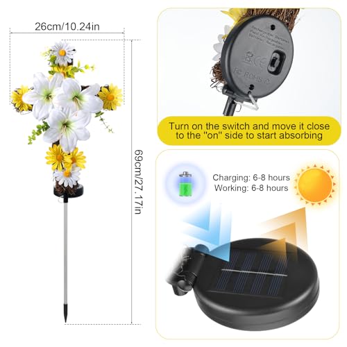 DANHMAO Solar Easter Lily Cross Spring Garden Stake,Artificial Lilies&Natural Rattan Cross with Metal Floor Plugs for Easter Cemetery Grave、Garden - Image 2