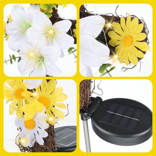 DANHMAO Solar Easter Lily Cross Spring Garden Stake,Artificial Lilies&Natural Rattan Cross with Metal Floor Plugs for Easter Cemetery Grave、Garden - Image 4