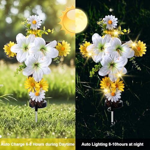 DANHMAO Solar Easter Lily Cross Spring Garden Stake,Artificial Lilies&Natural Rattan Cross with Metal Floor Plugs for Easter Cemetery Grave、Garden - Image 5