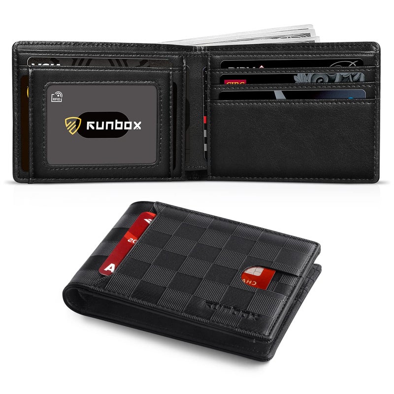RUNBOX Slim Wallet for Men Bifold Minimalist Leather RFID Blocking with Gift Box Carbon Black and Plaid - Image 1