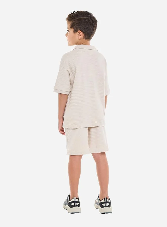 victor and jane Victor And Jane Boys Beige Cotton Jacquard Polo and Shorts Set