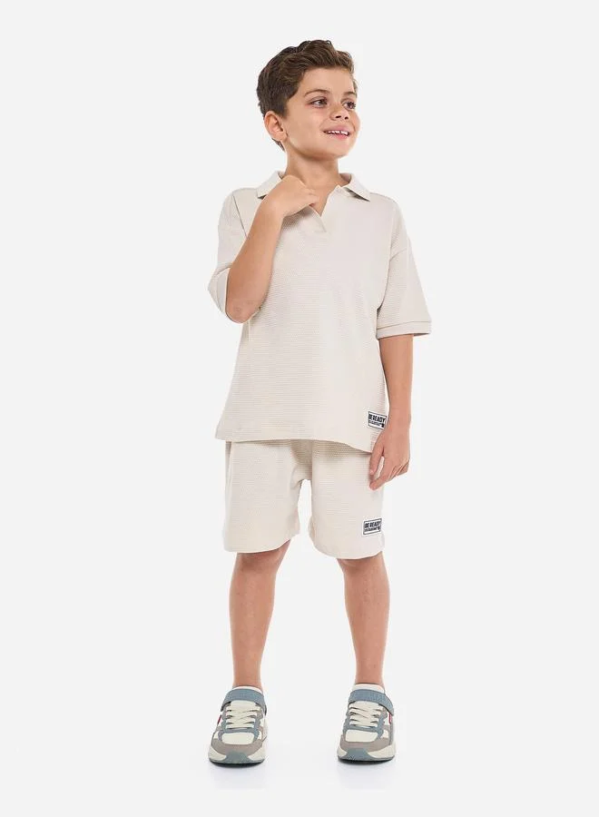 victor and jane Victor And Jane Boys Beige Cotton Jacquard Polo and Shorts Set