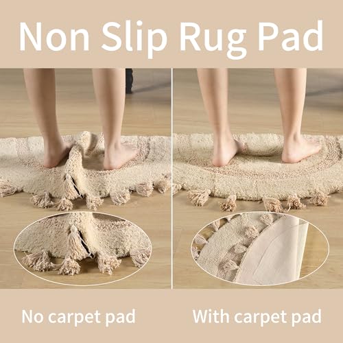 Zeeinx Half Circle Boho Bathroom Rugs with Tassels 100% Cotton Hand-Woven Bath Mat Non Slip Absorbent Bath Rugs with Rug Pad Washable Boho Bath Mat Carpet for Tub, Shower 20"x32",Mustard - Image 4