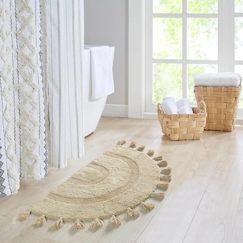 Zeeinx Half Circle Boho Bathroom Rugs with Tassels 100% Cotton Hand-Woven Bath Mat Non Slip Absorbent Bath Rugs with Rug Pad Washable Boho Bath Mat Carpet for Tub, Shower 20"x32",Mustard - Image 5