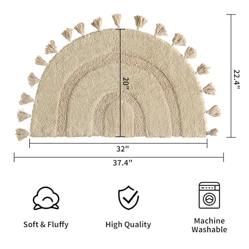Zeeinx Half Circle Boho Bathroom Rugs with Tassels 100% Cotton Hand-Woven Bath Mat Non Slip Absorbent Bath Rugs with Rug Pad Washable Boho Bath Mat Carpet for Tub, Shower 20"x32",Mustard - Image 2