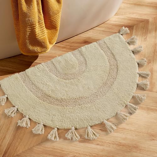 Zeeinx Half Circle Boho Bathroom Rugs with Tassels 100% Cotton Hand-Woven Bath Mat Non Slip Absorbent Bath Rugs with Rug Pad Washable Boho Bath Mat Carpet for Tub, Shower 20"x32",Mustard - Image 1