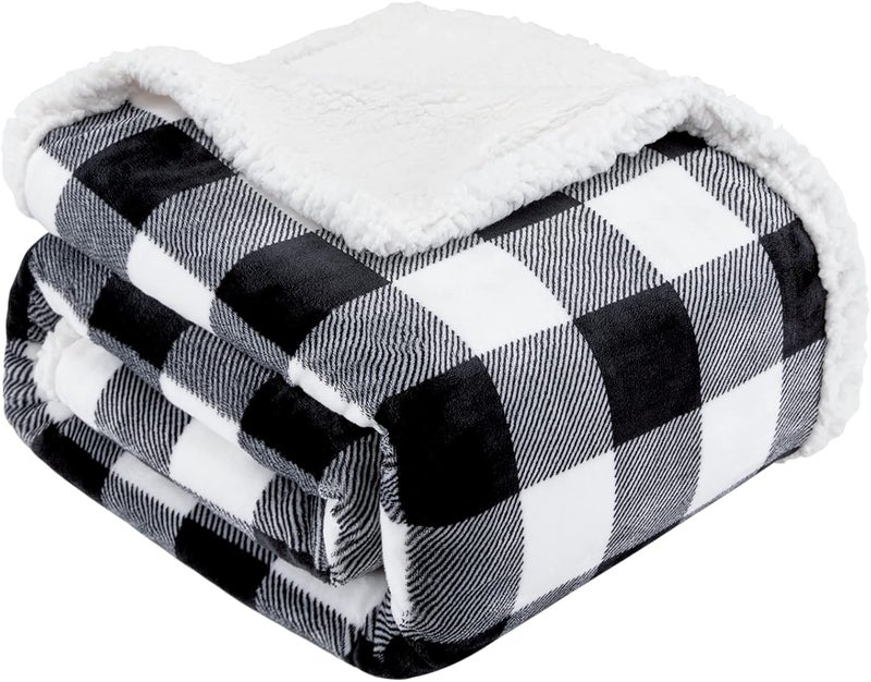 Touchat Sherpa Plaid Twin Blanket 60" X 70", Fuzzy Fluffy Soft Cozy Throw Blanket, Twin Size Plush Fleece Flannel Plush Microfiber Blanket for Couch Bed Sofa (Black) - Image 1