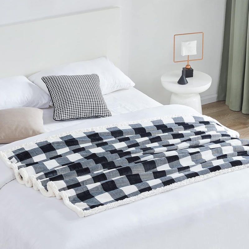 Touchat Sherpa Plaid Twin Blanket 60" X 70", Fuzzy Fluffy Soft Cozy Throw Blanket, Twin Size Plush Fleece Flannel Plush Microfiber Blanket for Couch Bed Sofa (Black) - Image 3