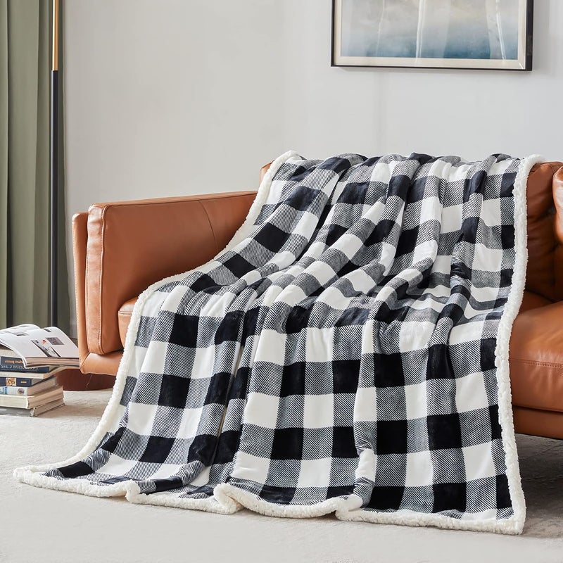 Touchat Sherpa Plaid Twin Blanket 60" X 70", Fuzzy Fluffy Soft Cozy Throw Blanket, Twin Size Plush Fleece Flannel Plush Microfiber Blanket for Couch Bed Sofa (Black) - Image 2