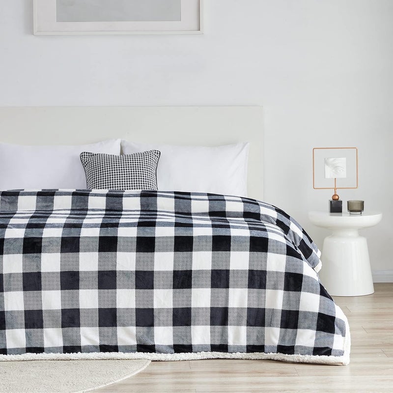 Touchat Sherpa Plaid Twin Blanket 60" X 70", Fuzzy Fluffy Soft Cozy Throw Blanket, Twin Size Plush Fleece Flannel Plush Microfiber Blanket for Couch Bed Sofa (Black) - Image 4