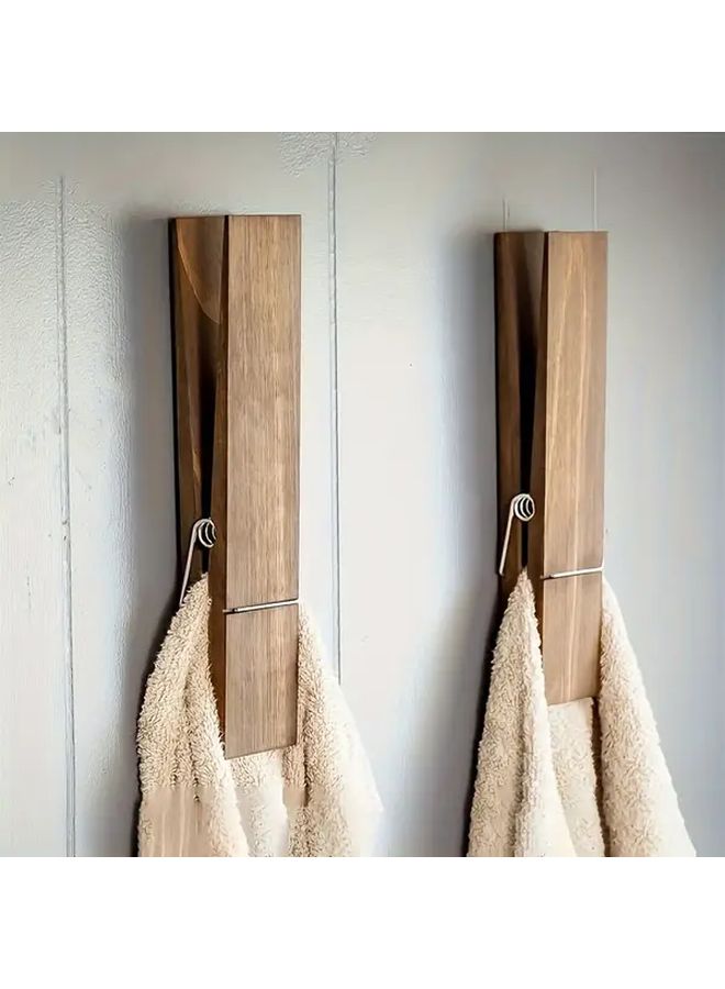 Vintage Industrial Wooden Towel Rack 2 Clothespins Wall Mount Bathroom Decor - Image 2