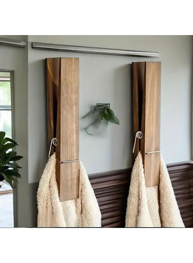 Vintage Industrial Wooden Towel Rack 2 Clothespins Wall Mount Bathroom Decor - Image 1