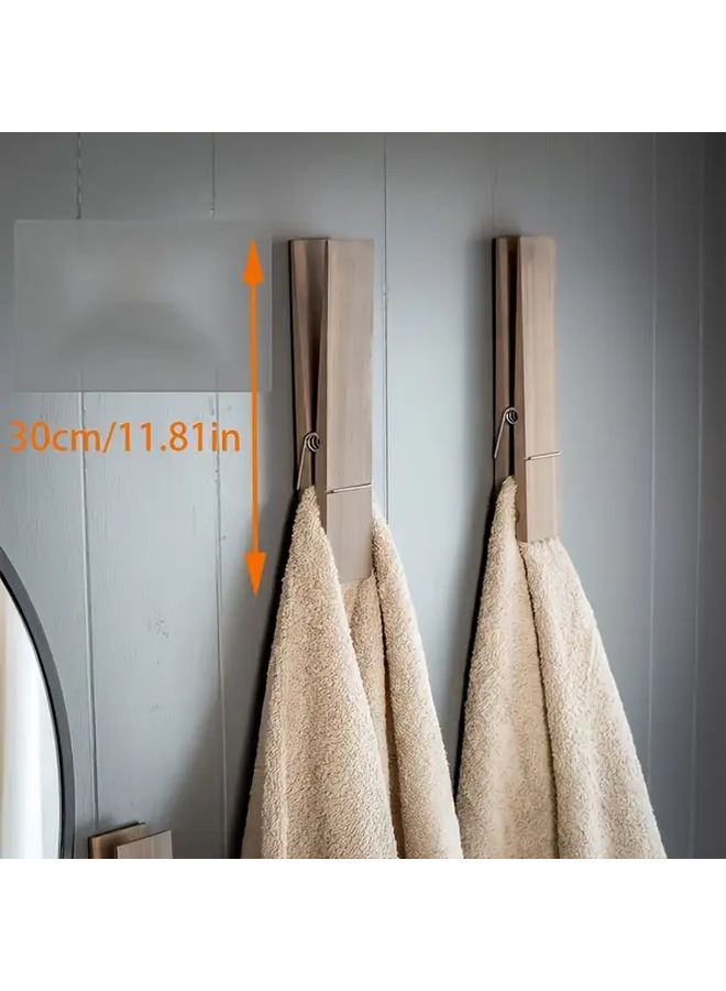 Vintage Industrial Wooden Towel Rack 2 Clothespins Wall Mount Bathroom Decor - Image 3