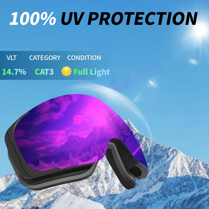 Veltuno Ski Goggles For Men Women Adult & Youth  Otg Snowboard Goggles Anti Fog  Snow Goggles Uv Protection Wide Vision (Black Frame/Revo Purple Lens (Vlt 14.7%)) - Image 3