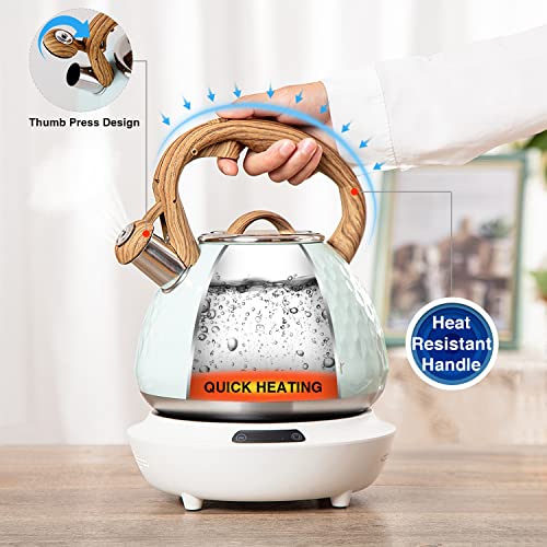 toptier Tea Kettle, Toptier Teapot Whistling Kettle with Wood Pattern Handle Loud Whistle, Food Grade Stainless Steel Tea Pot for Stovetops Induction Diamond Design Water Kettle, 2.7-Quart Light Green - Image 3