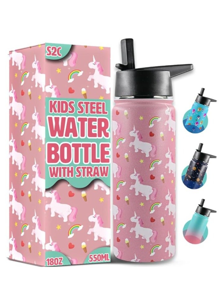 S2C Kids Water Bottle for School with Straw Lid, 550ml Kids water bottle stainless steel water bottle for kids, Double Wall Insulated Water Bottle, Baby water bottle,Steel water bottle, (PINK)