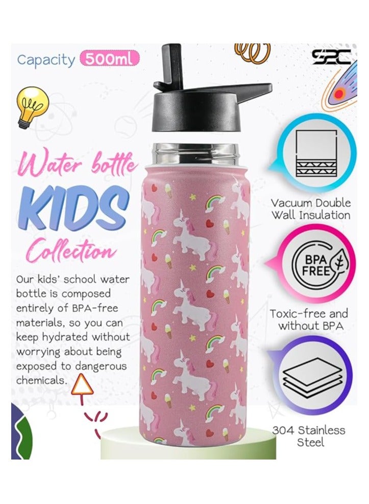 S2C Kids Water Bottle for School with Straw Lid, 550ml Kids water bottle stainless steel water bottle for kids, Double Wall Insulated Water Bottle, Baby water bottle,Steel water bottle, (PINK)