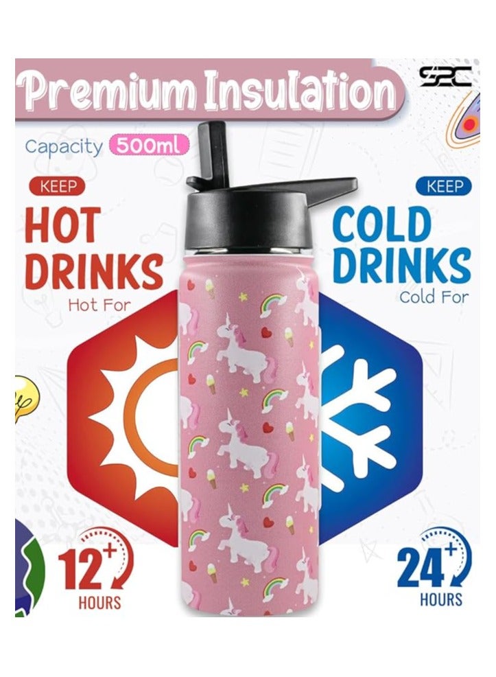 S2C Kids Water Bottle for School with Straw Lid, 550ml Kids water bottle stainless steel water bottle for kids, Double Wall Insulated Water Bottle, Baby water bottle,Steel water bottle, (PINK)