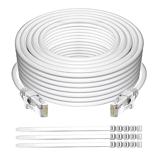 Adoreen Cat 6 Ethernet Cable 50 Ft-White, Outdoor & Indoor Snagless Long Round RJ45 Network Cable, POE, Soft Flexible Gbps Internet LAN Computer Patch Cord for Router Modem Switch Fast Gaming+ Ties - Image 1