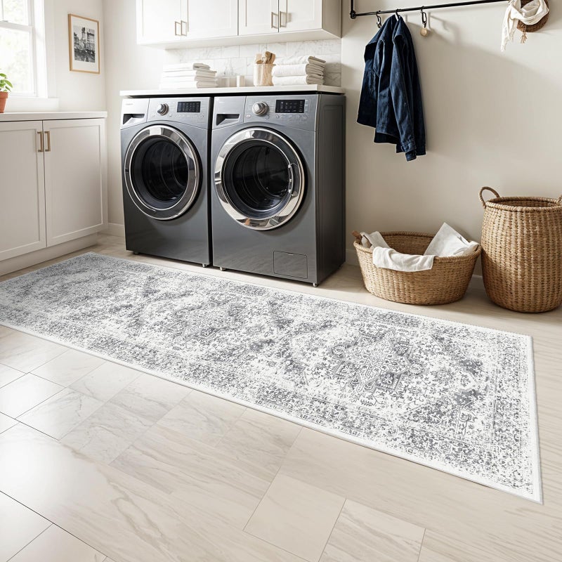 EISUROM Washable 2'6''x8' Runner Rug - Non-Slip Vintage Runner Rug for Entryway Low-Pile Medallion Long Rugs for Hallway Waterproof Traditional Runner Rugs Indoor Thin Rug for Kitchen (Grey) - Image 4