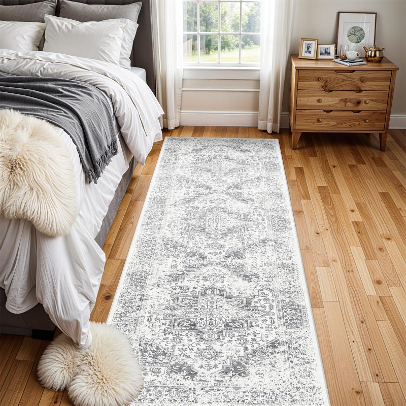EISUROM Washable 2'6''x8' Runner Rug - Non-Slip Vintage Runner Rug for Entryway Low-Pile Medallion Long Rugs for Hallway Waterproof Traditional Runner Rugs Indoor Thin Rug for Kitchen (Grey) - Image 5