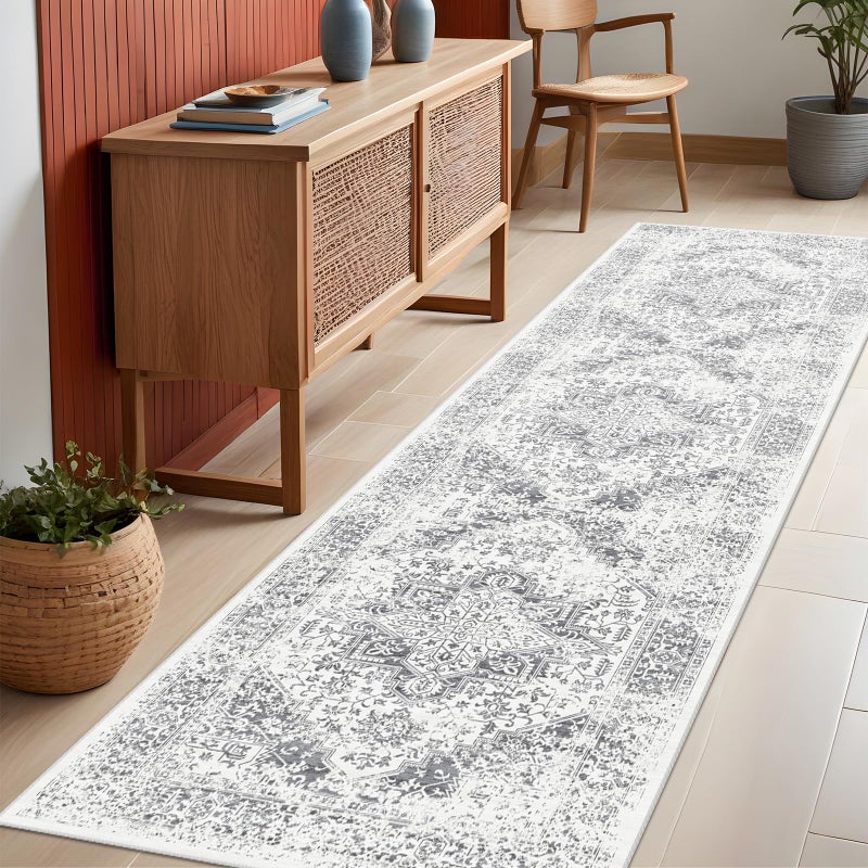 EISUROM Washable 2'6''x8' Runner Rug - Non-Slip Vintage Runner Rug for Entryway Low-Pile Medallion Long Rugs for Hallway Waterproof Traditional Runner Rugs Indoor Thin Rug for Kitchen (Grey) - Image 1