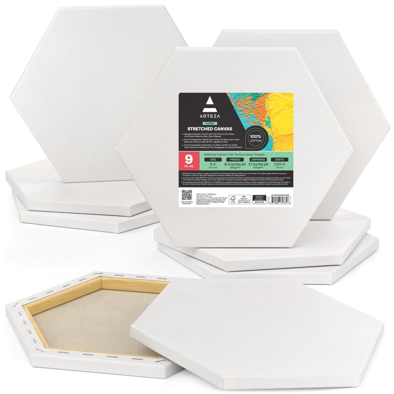 ARTEZA Hexagonal Stretched Canvas, 6 Inch Side, Pack of 9, Blank White Canvas Boards for Acrylic, Oil and Gouache Painting - Image 1