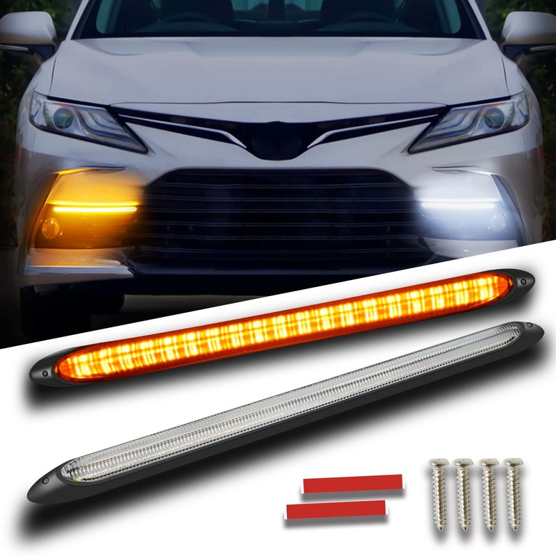 Qasim DRL LED Strip Car Daytime Running Light 14in White Automobile Decorative Warning Lights Yellow Streamer Flow Turn Signal Light Strip Bar 12V 2Pcs 345cm