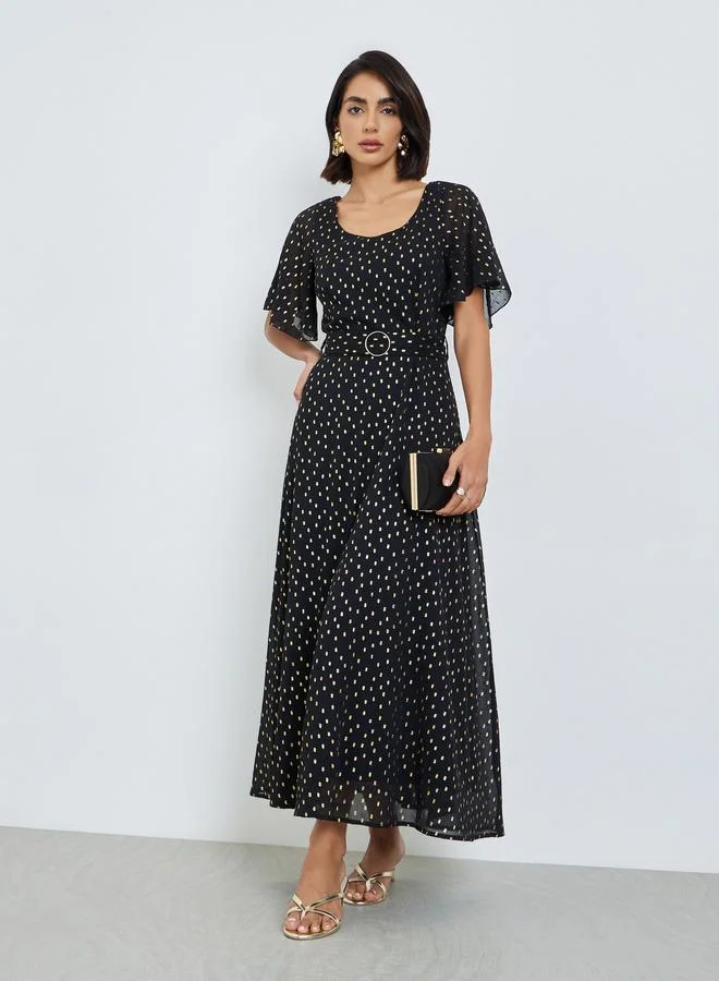 Black Foil Print Maxi Dress with Belt