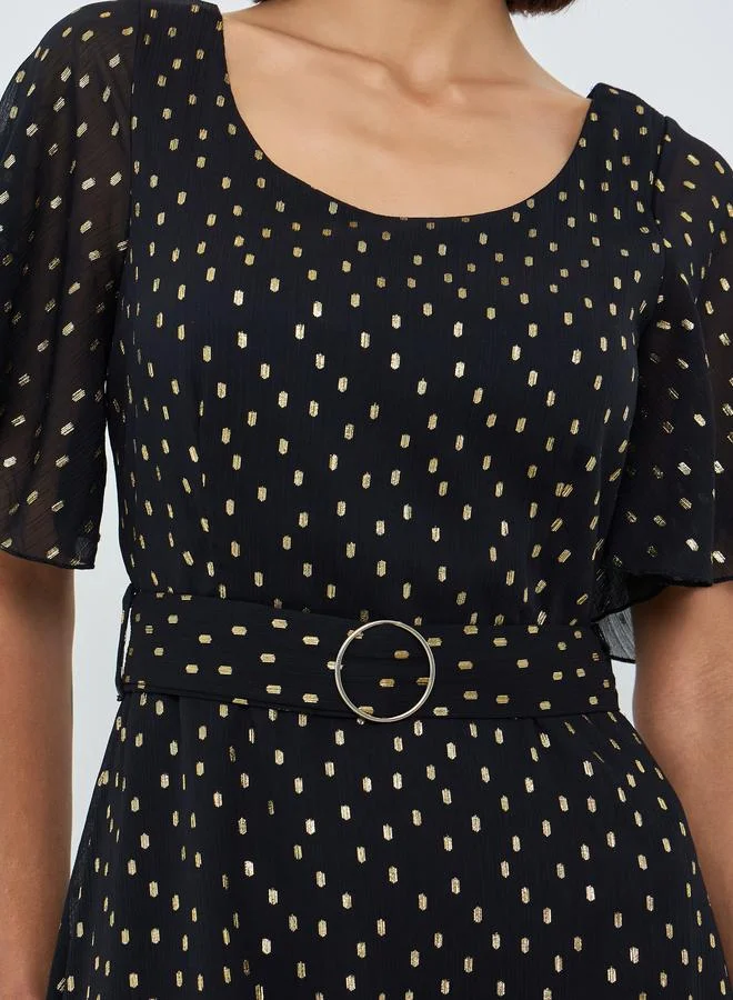 Styli  Black Foil Print Maxi Dress with Belt for Women | Best Price UAE