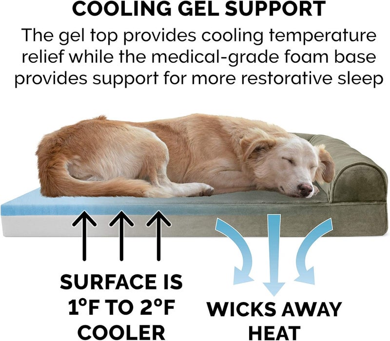 Furhaven Cooling Gel Dog Bed for Medium/Small Dogs w/Removable Bolsters & Washable Cover, For Dogs Up to 35 lbs - Faux Fur & Velvet Sofa - Dark Sage, Medium - Image 4