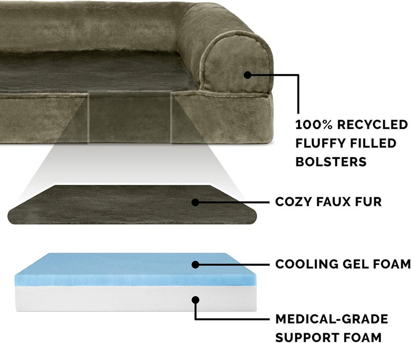 Furhaven Cooling Gel Dog Bed for Medium/Small Dogs w/Removable Bolsters & Washable Cover, For Dogs Up to 35 lbs - Faux Fur & Velvet Sofa - Dark Sage, Medium - Image 3