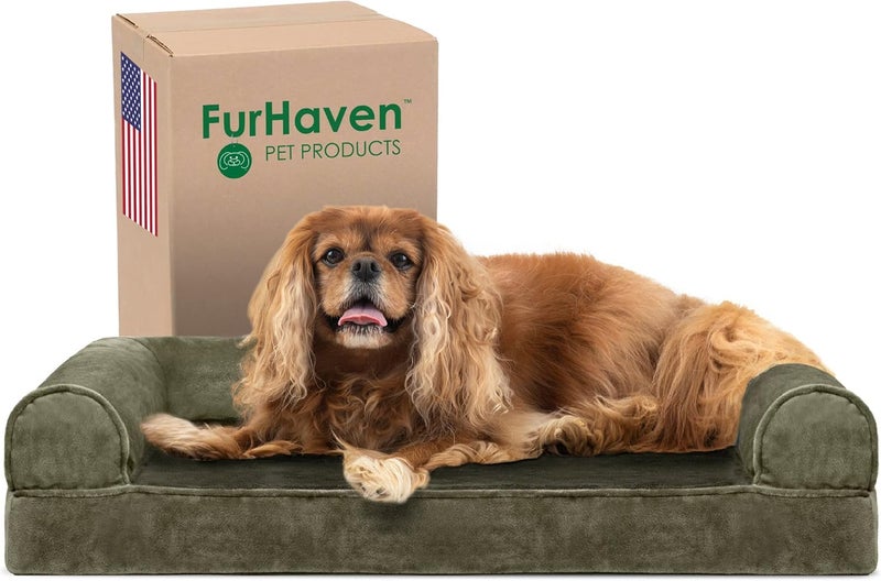 Furhaven Cooling Gel Dog Bed for Medium/Small Dogs w/Removable Bolsters & Washable Cover, For Dogs Up to 35 lbs - Faux Fur & Velvet Sofa - Dark Sage, Medium - Image 1