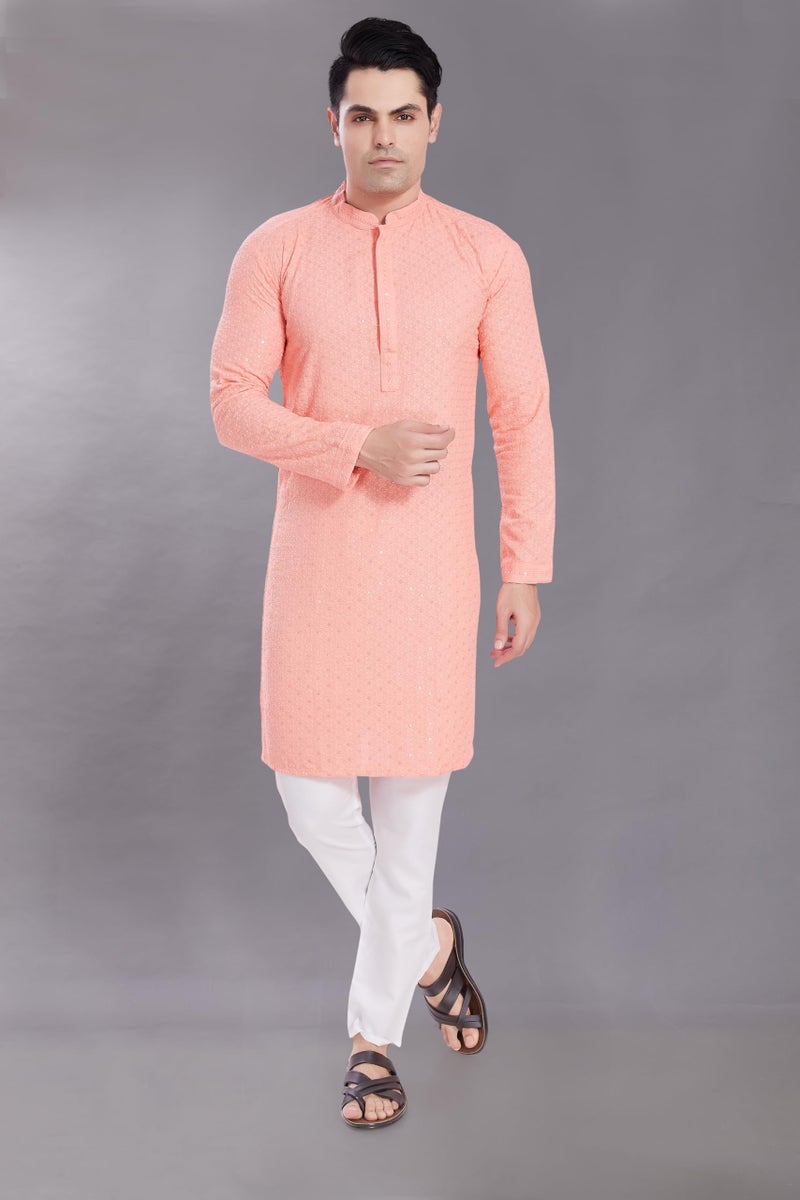 DIVISIVE Men's Sequince Embroidered Cotton Blend Only Slim Fit Kurta (DKRT513_XXL_Peach) - Image 4