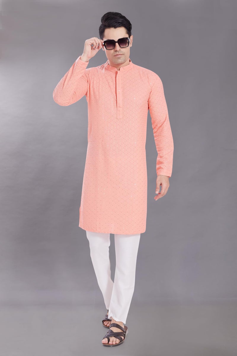 DIVISIVE Men's Sequince Embroidered Cotton Blend Only Slim Fit Kurta (DKRT513_XXL_Peach) - Image 3