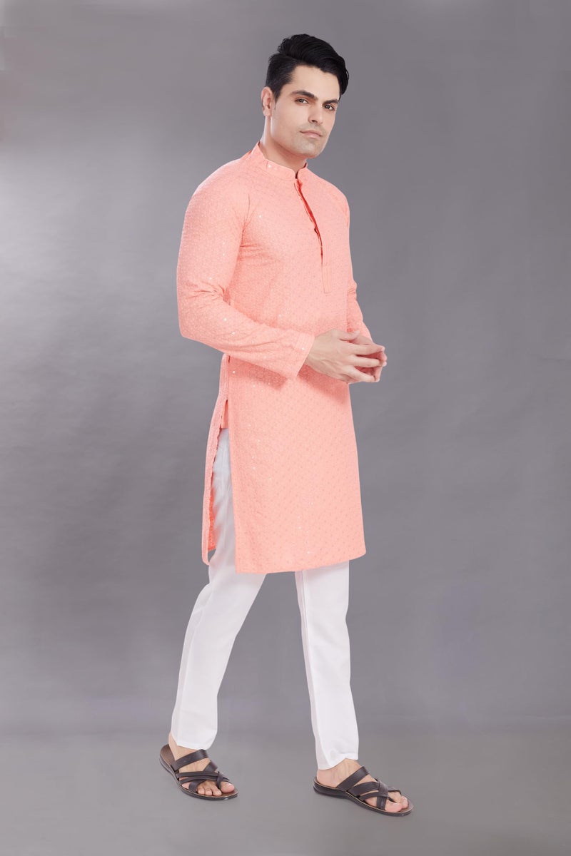 DIVISIVE Men's Sequince Embroidered Cotton Blend Only Slim Fit Kurta (DKRT513_XXL_Peach) - Image 5