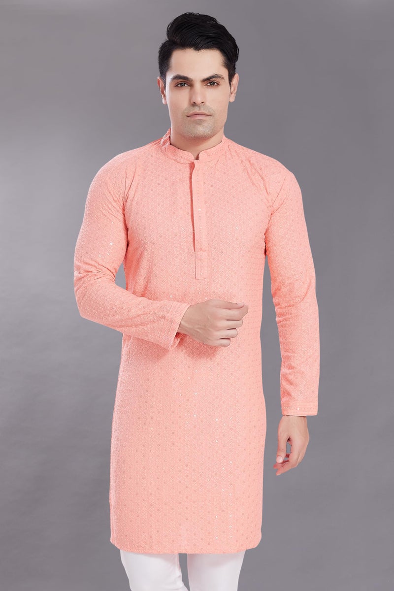 DIVISIVE Men's Sequince Embroidered Cotton Blend Only Slim Fit Kurta (DKRT513_XXL_Peach) - Image 2