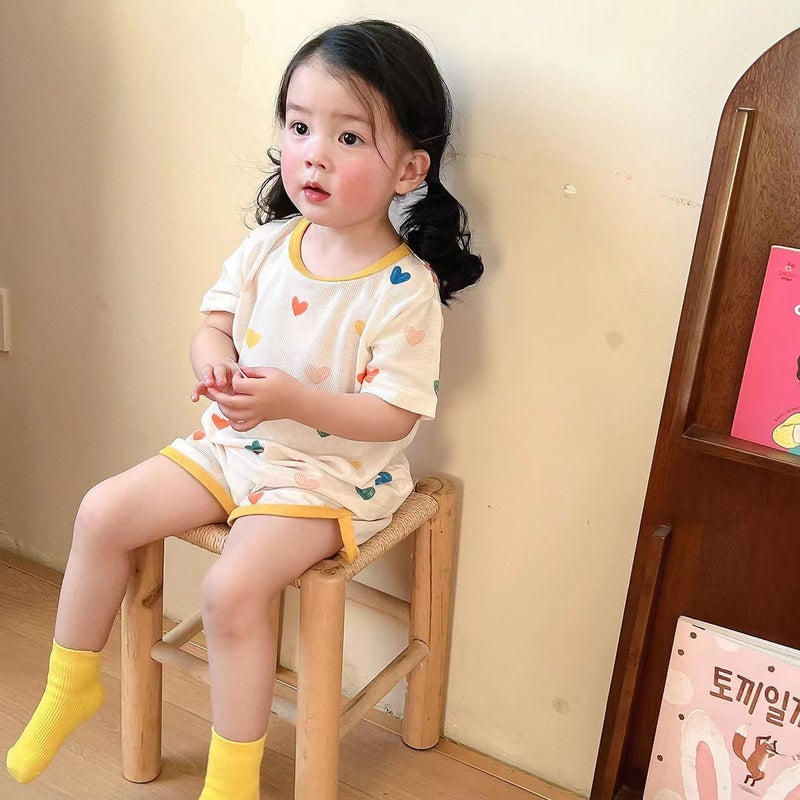 Kids Ice Silk Pajama Set Cool Summer Short Sleeve 610# yellow collar 