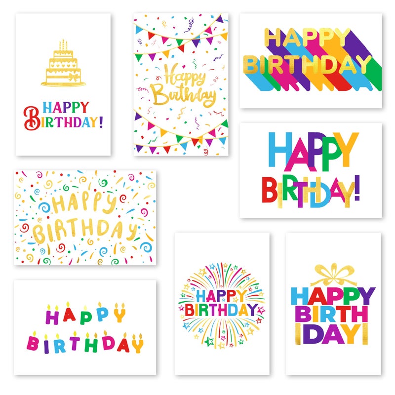 Solpla 120 Pack Assorted Gold Foil Happy Birthday Cards with Envelopes, Organizer Box, Stickers, and Seals - 4x6 Inches, 8 Unique Designs, Ideal for Kids, Men, Women, and Elderly - Image 1