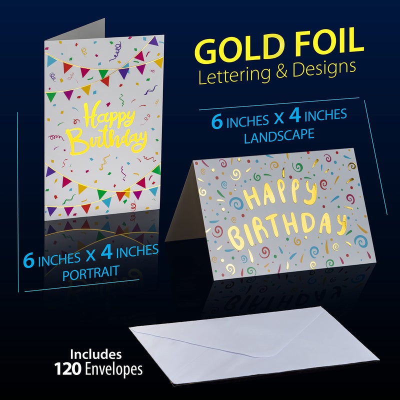 Solpla 120 Pack Assorted Gold Foil Happy Birthday Cards with Envelopes, Organizer Box, Stickers, and Seals - 4x6 Inches, 8 Unique Designs, Ideal for Kids, Men, Women, and Elderly - Image 2