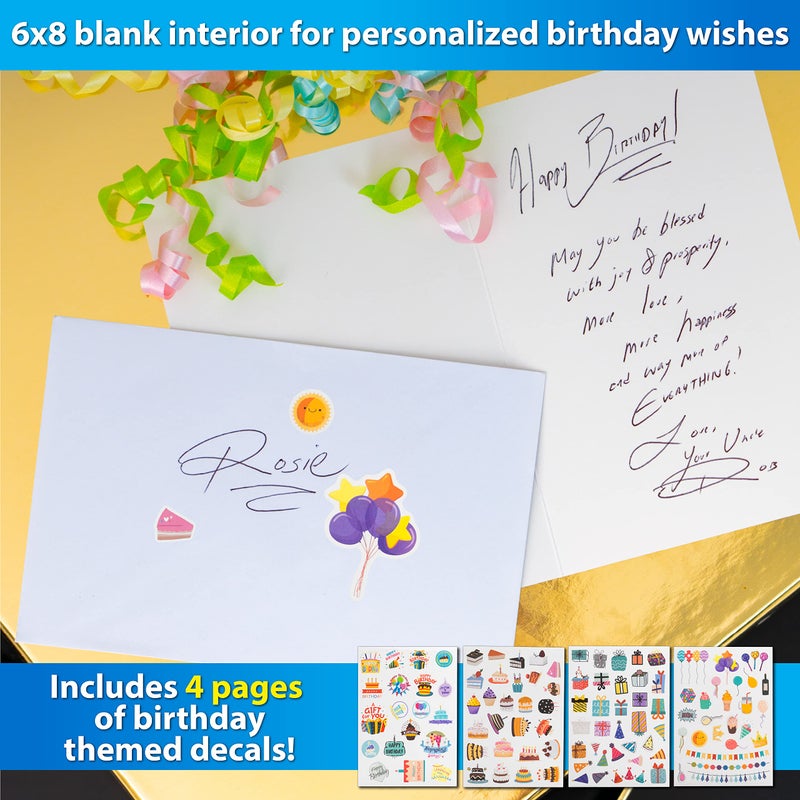 Solpla 120 Pack Assorted Gold Foil Happy Birthday Cards with Envelopes, Organizer Box, Stickers, and Seals - 4x6 Inches, 8 Unique Designs, Ideal for Kids, Men, Women, and Elderly - Image 5