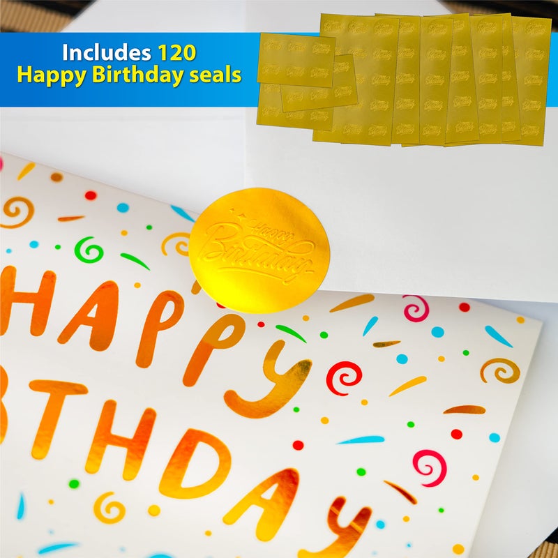 Solpla 120 Pack Assorted Gold Foil Happy Birthday Cards with Envelopes, Organizer Box, Stickers, and Seals - 4x6 Inches, 8 Unique Designs, Ideal for Kids, Men, Women, and Elderly - Image 4