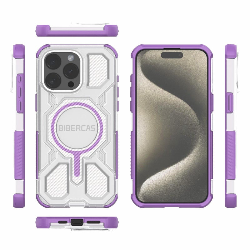 BIBERCAS For Iphone 15 Pro Max Transparent Color Series Magsafe Air Bag Shockproof Phone Case(Purple) - Image 2
