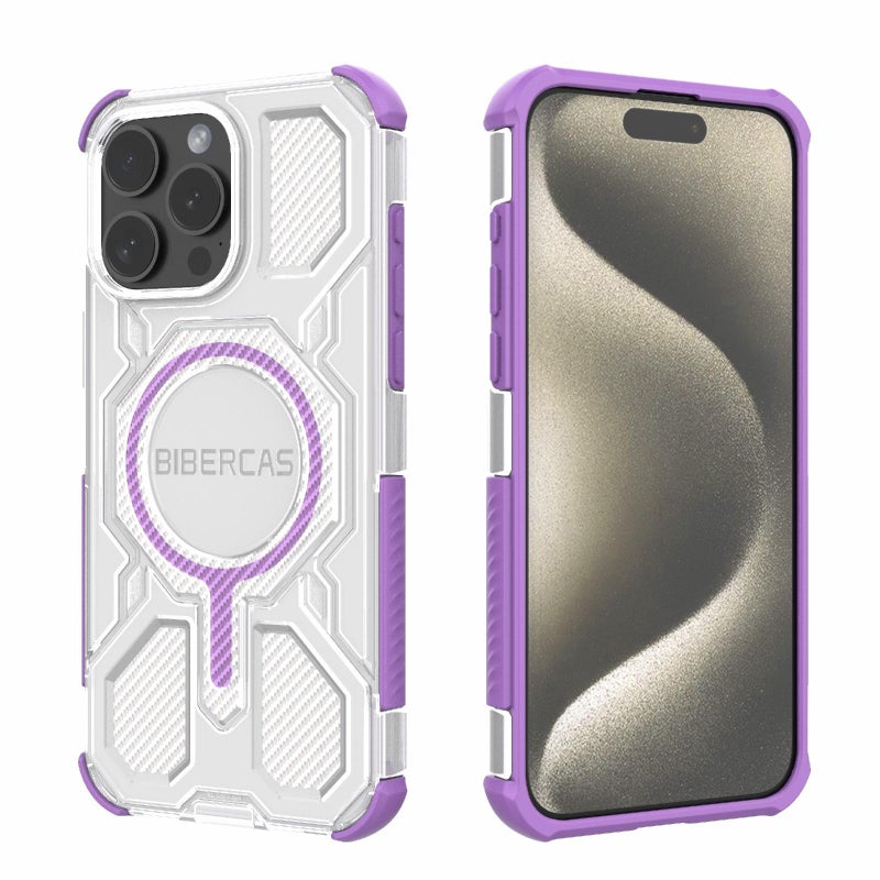 BIBERCAS For Iphone 15 Pro Max Transparent Color Series Magsafe Air Bag Shockproof Phone Case(Purple) - Image 1